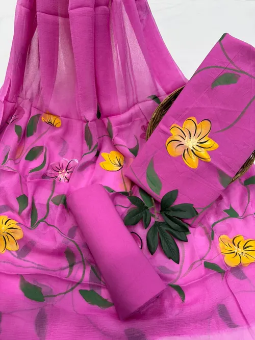 Elegant Hand-Painted Cotton Suit Set with Lightweight Chiffon Dupatta